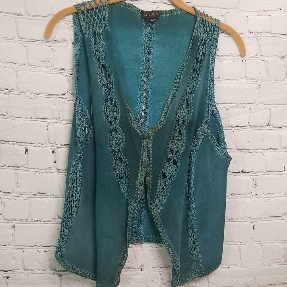 Covona Women's Blue Green Leather Vest Crochet Trim Large